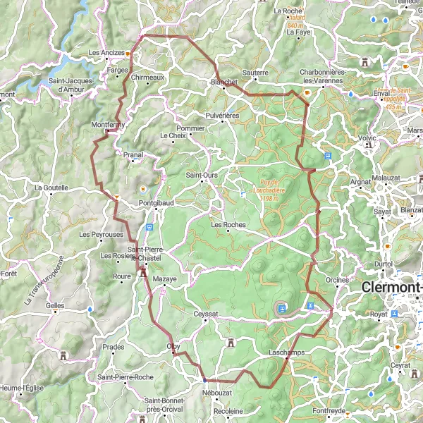 Miniature de la carte de l'inspiration cycliste "Aventures Gravel dans les Volcans" dans la Auvergne, France. Générée par le planificateur d'itinéraire cycliste Tarmacs.app