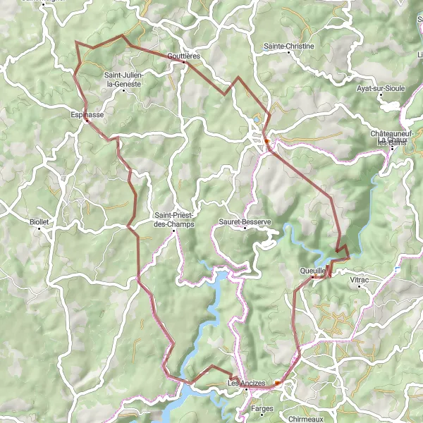 Map miniature of "Thrilling Gravel Ride to Espinasse and Queuille" cycling inspiration in Auvergne, France. Generated by Tarmacs.app cycling route planner