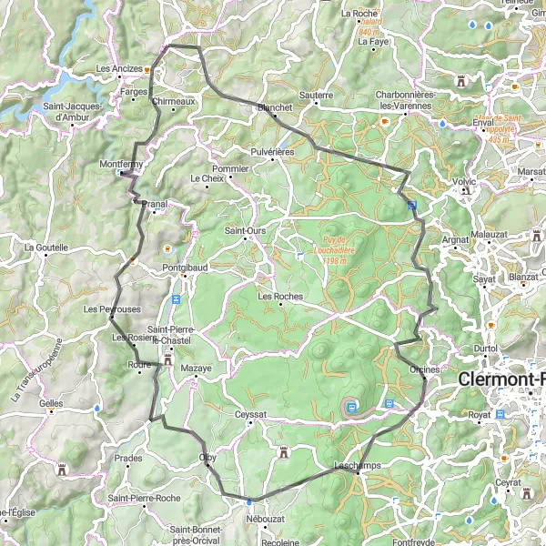 Miniature de la carte de l'inspiration cycliste "Exploration au Fil de l'Ascence" dans la Auvergne, France. Générée par le planificateur d'itinéraire cycliste Tarmacs.app