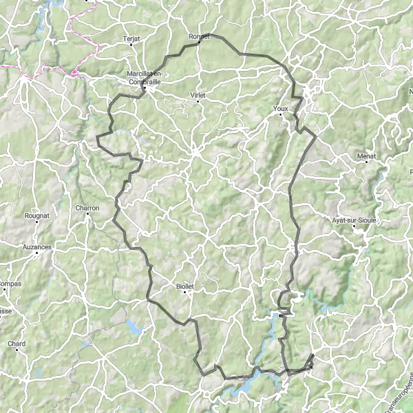 Miniature de la carte de l'inspiration cycliste "Parcours Road à travers les Monts de Combraille" dans la Auvergne, France. Générée par le planificateur d'itinéraire cycliste Tarmacs.app