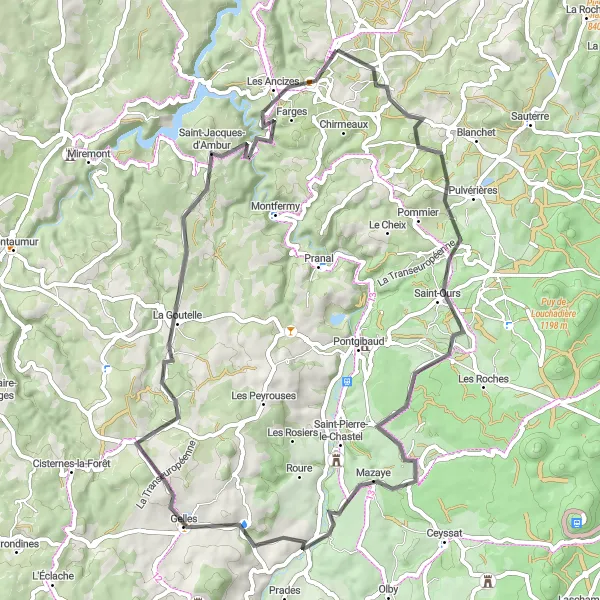 Map miniature of "Mons' Secret Path" cycling inspiration in Auvergne, France. Generated by Tarmacs.app cycling route planner