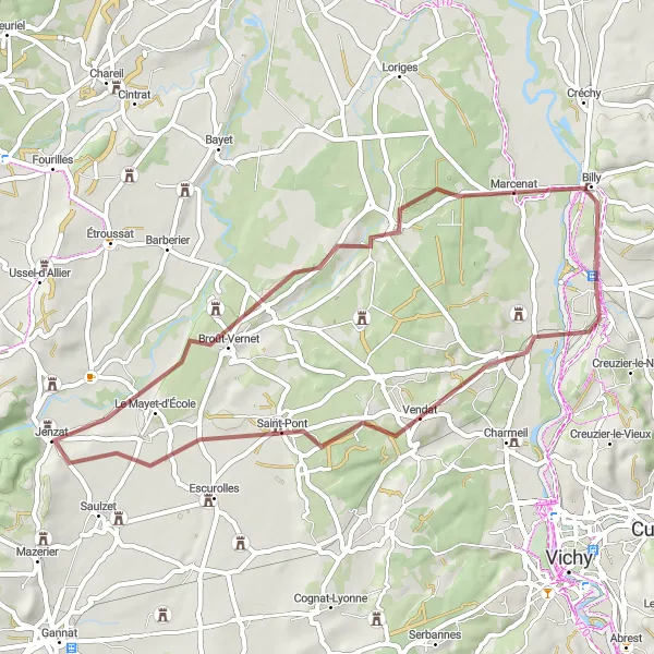 Map miniature of "Saint-Germain-des-Fossés Gravel" cycling inspiration in Auvergne, France. Generated by Tarmacs.app cycling route planner