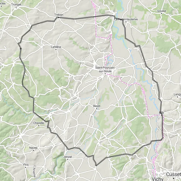 Map miniature of "Escurolles and Châtel-de-Neuvre Road Adventure" cycling inspiration in Auvergne, France. Generated by Tarmacs.app cycling route planner