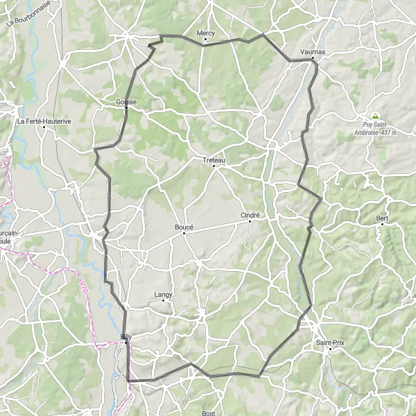 Map miniature of "Varennes-sur-Allier and Varennes-sur-Tèche Road Circuit" cycling inspiration in Auvergne, France. Generated by Tarmacs.app cycling route planner