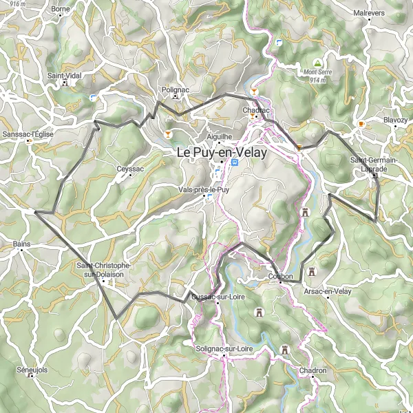 Miniature de la carte de l'inspiration cycliste "Bike Tour Road to Cussac-sur-Loire" dans la Auvergne, France. Générée par le planificateur d'itinéraire cycliste Tarmacs.app