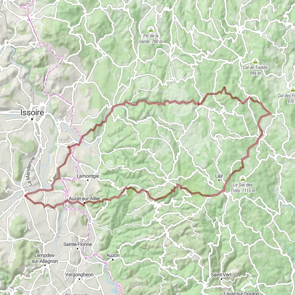 Map miniature of "The Epic Gravel Journey to Usson" cycling inspiration in Auvergne, France. Generated by Tarmacs.app cycling route planner
