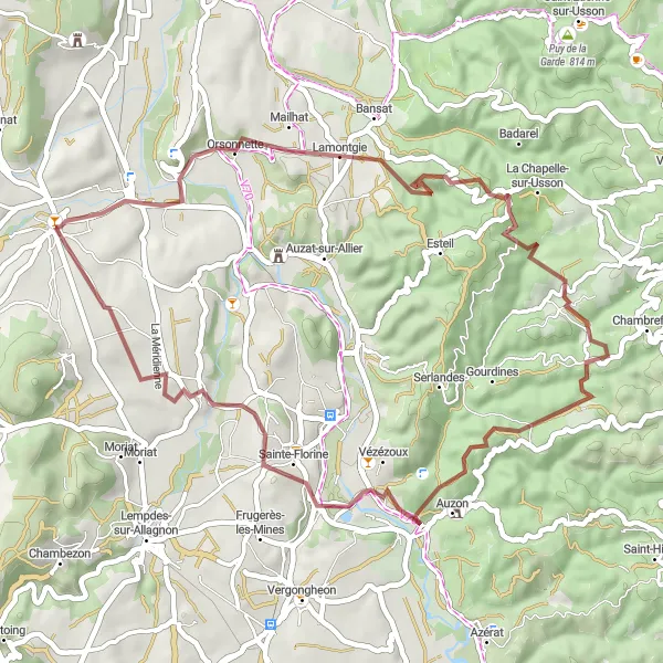 Map miniature of "The Challenging Gravel Venture through Valz-sous-Châteauneuf" cycling inspiration in Auvergne, France. Generated by Tarmacs.app cycling route planner