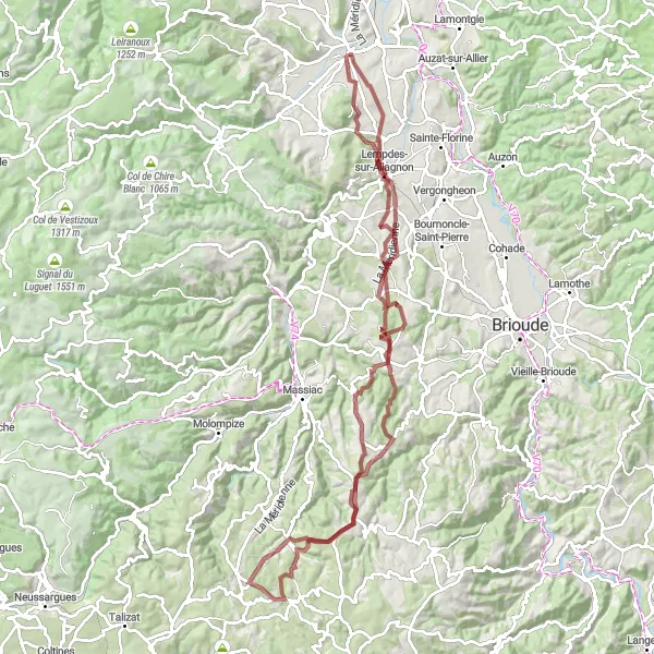 Map miniature of "Extended Gravel Adventure via Lempdes-sur-Allagnon and La Chapelle-Laurent" cycling inspiration in Auvergne, France. Generated by Tarmacs.app cycling route planner