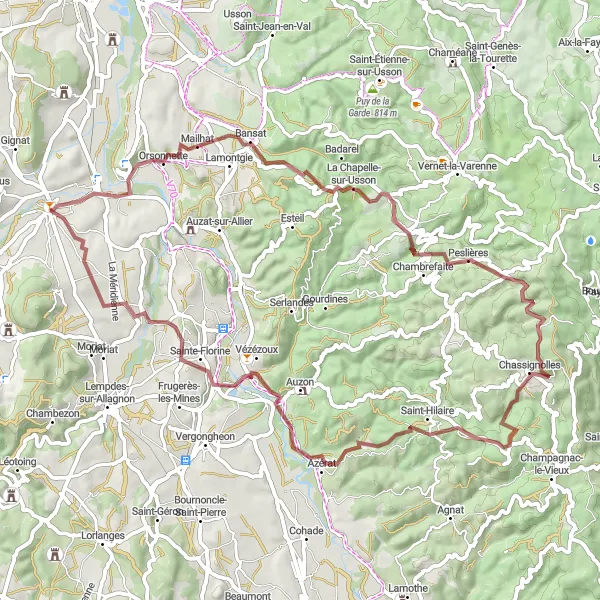 Map miniature of "The Gravel Adventure of Mailhat" cycling inspiration in Auvergne, France. Generated by Tarmacs.app cycling route planner