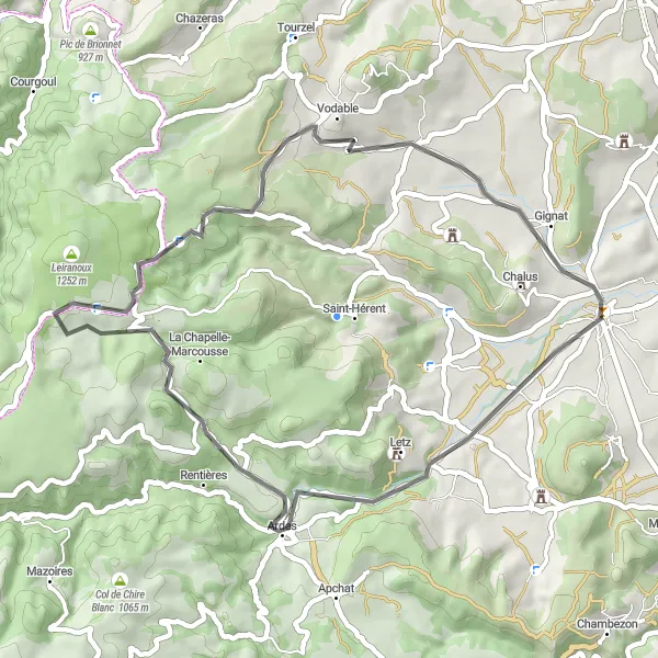 Map miniature of "Short and Scenic Road Cycling Loop via Ardes and Antoingt" cycling inspiration in Auvergne, France. Generated by Tarmacs.app cycling route planner