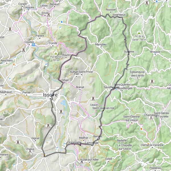 Map miniature of "Scenic Road Cycling Route via Issoire and Le Petit Raymond" cycling inspiration in Auvergne, France. Generated by Tarmacs.app cycling route planner