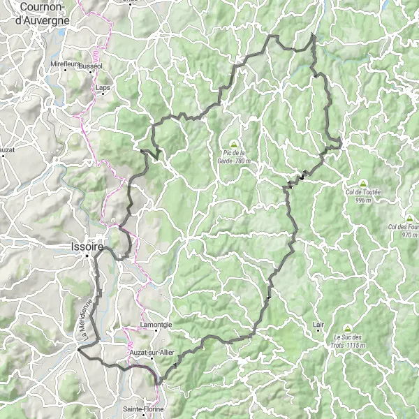 Map miniature of "The scenic road journey through Parentignat" cycling inspiration in Auvergne, France. Generated by Tarmacs.app cycling route planner