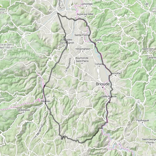 Map miniature of "The Exciting Ride to Villeneuve-d'Allier" cycling inspiration in Auvergne, France. Generated by Tarmacs.app cycling route planner