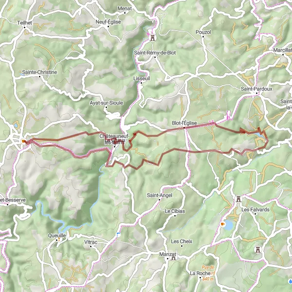 Map miniature of "Blot-l'Église Scenic Escape" cycling inspiration in Auvergne, France. Generated by Tarmacs.app cycling route planner