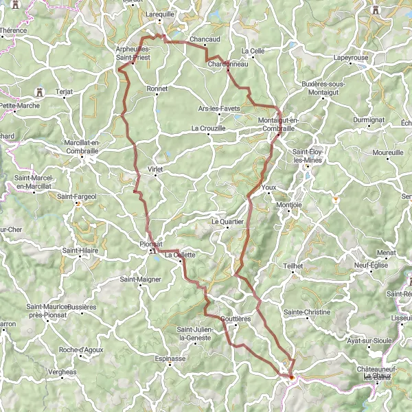 Map miniature of "Château Adventure Ride" cycling inspiration in Auvergne, France. Generated by Tarmacs.app cycling route planner