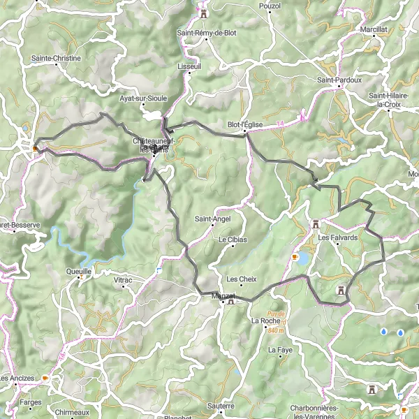 Map miniature of "Châteauneuf-les-Bains Discovery" cycling inspiration in Auvergne, France. Generated by Tarmacs.app cycling route planner