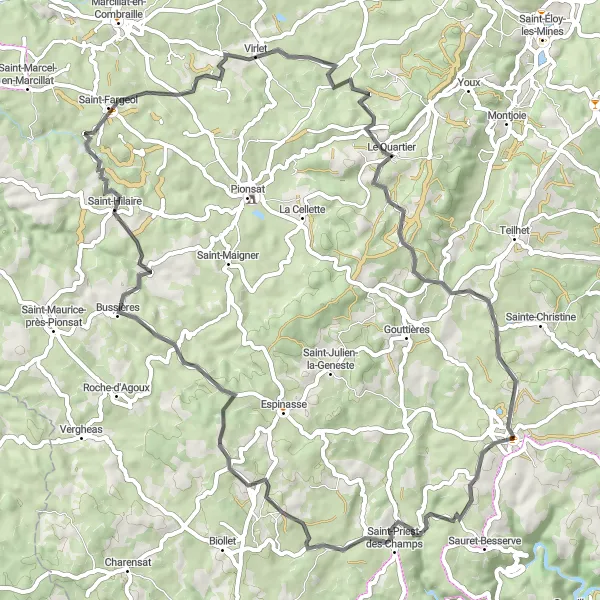 Map miniature of "Saint-Priest-des-Champs Loop" cycling inspiration in Auvergne, France. Generated by Tarmacs.app cycling route planner