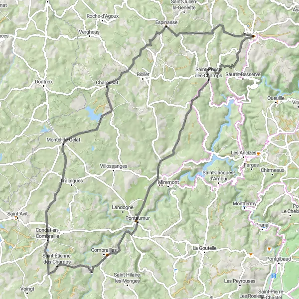 Map miniature of "Scenic Ride through Combraille" cycling inspiration in Auvergne, France. Generated by Tarmacs.app cycling route planner