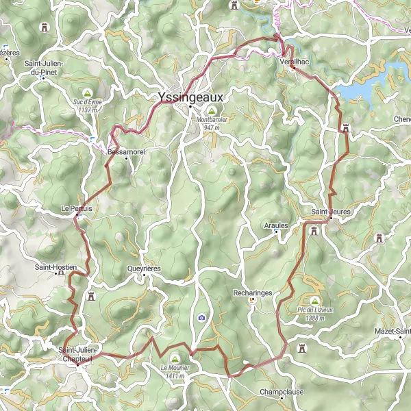 Map miniature of "A Scenic Gravel Escape: Discovering Saint-Julien-Chapteuil and its Surroundings" cycling inspiration in Auvergne, France. Generated by Tarmacs.app cycling route planner