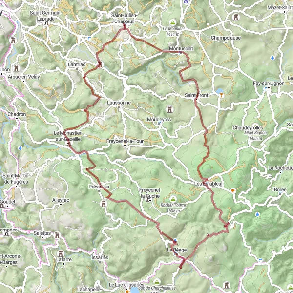 Miniature de la carte de l'inspiration cycliste "Les Chemins de l'Ardèche" dans la Auvergne, France. Générée par le planificateur d'itinéraire cycliste Tarmacs.app