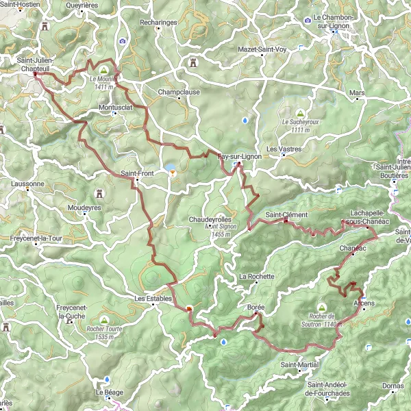 Map miniature of "Gravel Adventure in Auvergne" cycling inspiration in Auvergne, France. Generated by Tarmacs.app cycling route planner