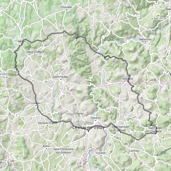 Map miniature of "Historical Tour through Auvergne" cycling inspiration in Auvergne, France. Generated by Tarmacs.app cycling route planner