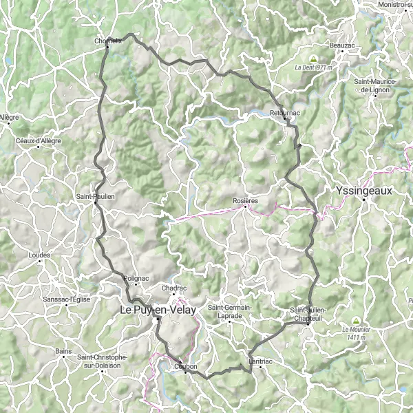 Miniature de la carte de l'inspiration cycliste "Les Monts de l'Emblavez" dans la Auvergne, France. Générée par le planificateur d'itinéraire cycliste Tarmacs.app