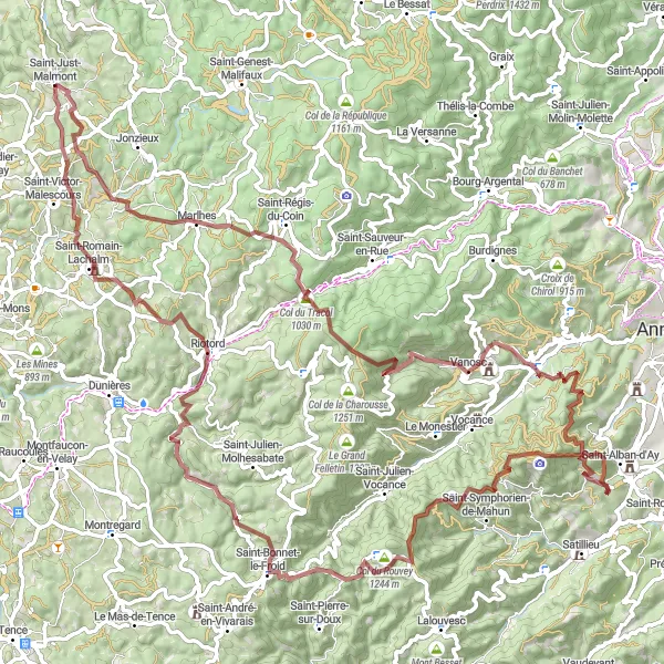 Miniature de la carte de l'inspiration cycliste "Les Monts Sauvages" dans la Auvergne, France. Générée par le planificateur d'itinéraire cycliste Tarmacs.app