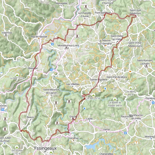 Miniature de la carte de l'inspiration cycliste "Itinéraire de 83 km en gravel autour de Saint-Just-Malmont" dans la Auvergne, France. Générée par le planificateur d'itinéraire cycliste Tarmacs.app