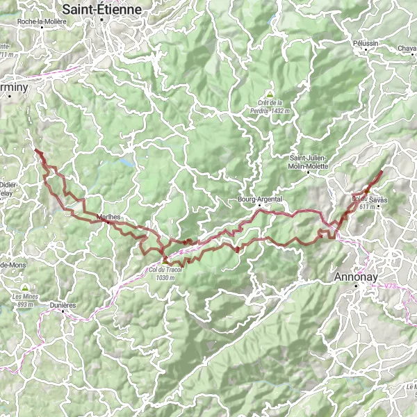 Miniature de la carte de l'inspiration cycliste "Boucle à vélo de gravier de 100 km autour de Saint-Just-Malmont" dans la Auvergne, France. Générée par le planificateur d'itinéraire cycliste Tarmacs.app