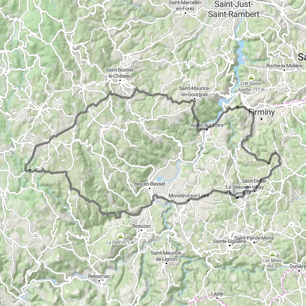 Miniature de la carte de l'inspiration cycliste "Les Villages de Caractère" dans la Auvergne, France. Générée par le planificateur d'itinéraire cycliste Tarmacs.app