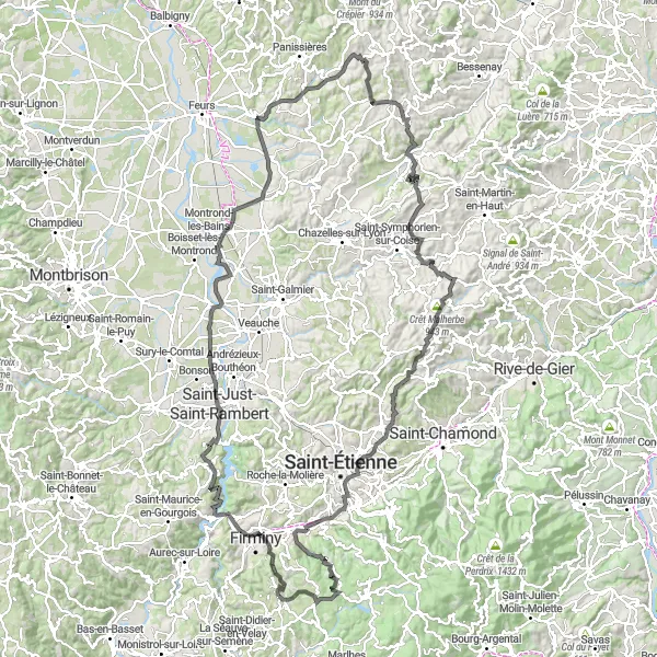 Miniature de la carte de l'inspiration cycliste "Parcours routier de 160 km autour de Saint-Just-Malmont" dans la Auvergne, France. Générée par le planificateur d'itinéraire cycliste Tarmacs.app