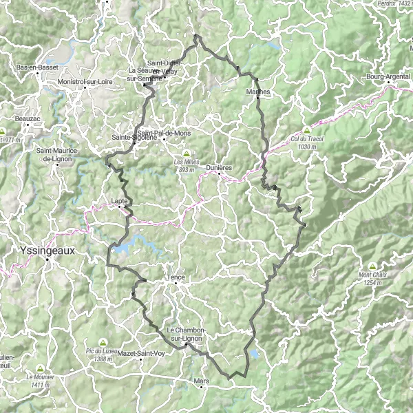 Miniature de la carte de l'inspiration cycliste "Parcours routier de 116 km autour de Saint-Just-Malmont" dans la Auvergne, France. Générée par le planificateur d'itinéraire cycliste Tarmacs.app