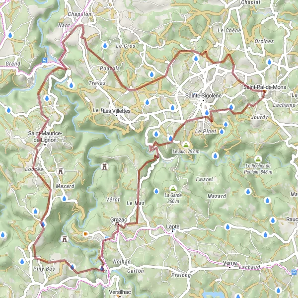 Miniature de la carte de l'inspiration cycliste "Randonnée des Collines" dans la Auvergne, France. Générée par le planificateur d'itinéraire cycliste Tarmacs.app