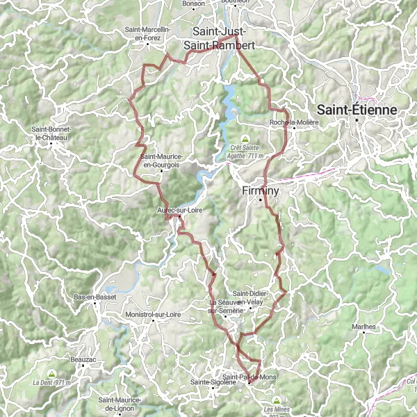 Map miniature of "Saint-Pal-de-Mons Gravel Adventure" cycling inspiration in Auvergne, France. Generated by Tarmacs.app cycling route planner