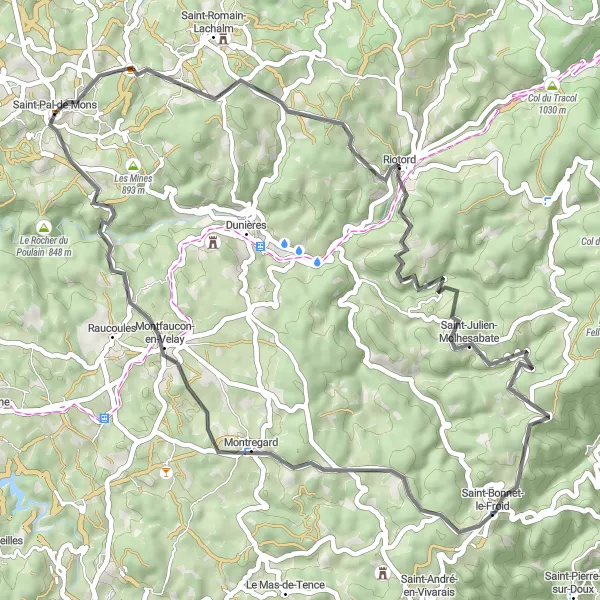 Map miniature of "Saint-Pal-de-Mons to Riotord Loop" cycling inspiration in Auvergne, France. Generated by Tarmacs.app cycling route planner