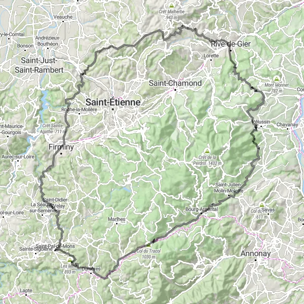 Miniature de la carte de l'inspiration cycliste "Le Tour des Montagnes Ardéchoises" dans la Auvergne, France. Générée par le planificateur d'itinéraire cycliste Tarmacs.app