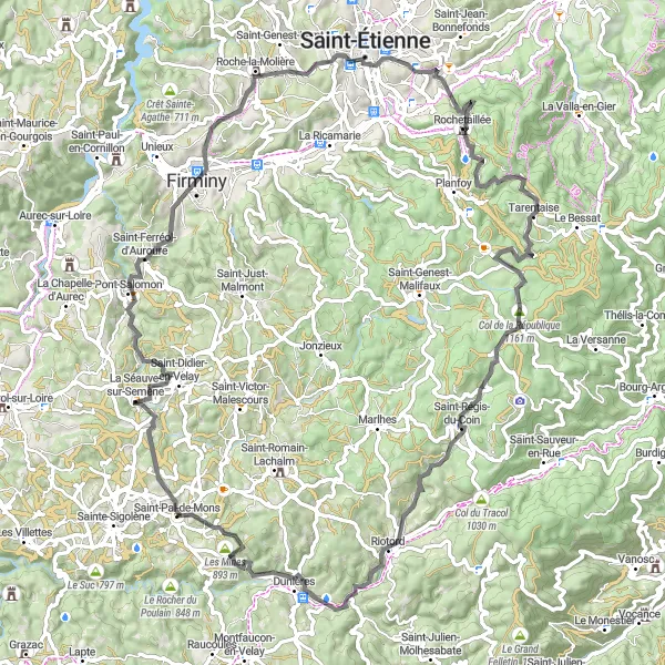 Miniature de la carte de l'inspiration cycliste "La Grande Boucle des Monts du Forez" dans la Auvergne, France. Générée par le planificateur d'itinéraire cycliste Tarmacs.app