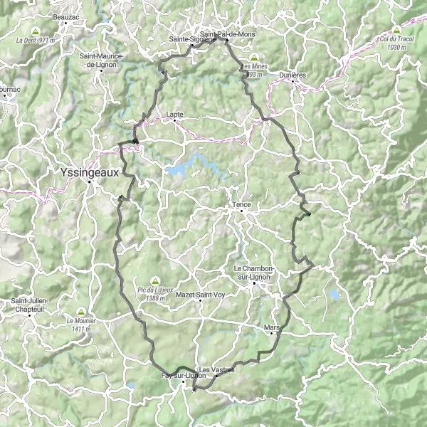 Miniature de la carte de l'inspiration cycliste "Route des Montagnes" dans la Auvergne, France. Générée par le planificateur d'itinéraire cycliste Tarmacs.app