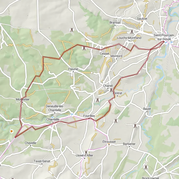 Miniature de la carte de l'inspiration cycliste "Exploration des Chemins de Gravel" dans la Auvergne, France. Générée par le planificateur d'itinéraire cycliste Tarmacs.app