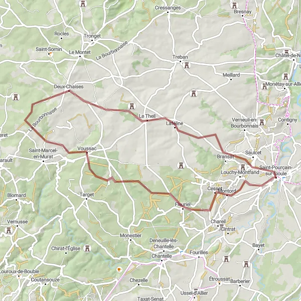 Miniature de la carte de l'inspiration cycliste "Boucle des Villages de Gravel" dans la Auvergne, France. Générée par le planificateur d'itinéraire cycliste Tarmacs.app