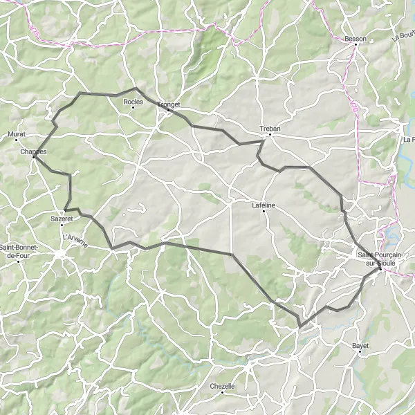 Miniature de la carte de l'inspiration cycliste "La Ronde des Collines" dans la Auvergne, France. Générée par le planificateur d'itinéraire cycliste Tarmacs.app