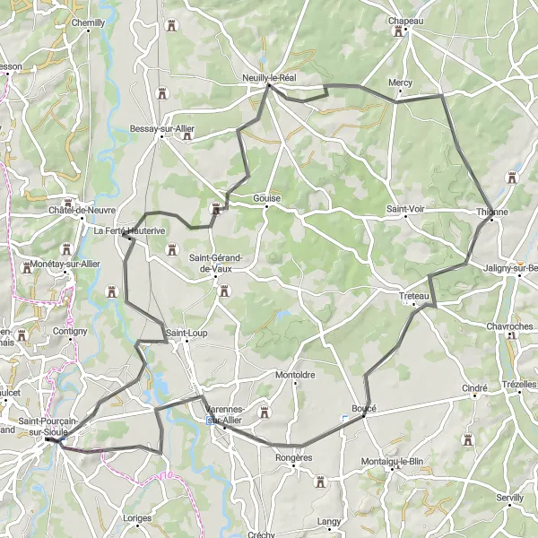Miniature de la carte de l'inspiration cycliste "Parcours des Châteaux Bourbonnais" dans la Auvergne, France. Générée par le planificateur d'itinéraire cycliste Tarmacs.app