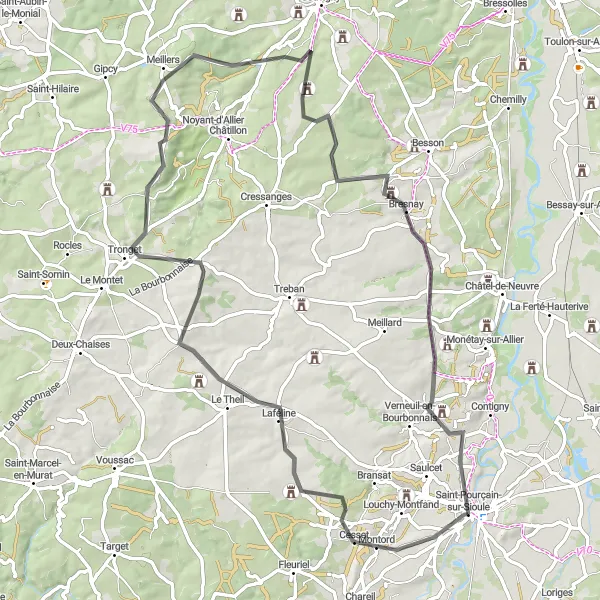 Miniature de la carte de l'inspiration cycliste "Le Tour de la Vallée de la Sioule" dans la Auvergne, France. Générée par le planificateur d'itinéraire cycliste Tarmacs.app