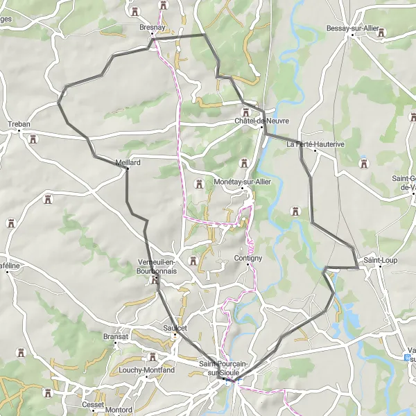 Miniature de la carte de l'inspiration cycliste "La Route des Châteaux" dans la Auvergne, France. Générée par le planificateur d'itinéraire cycliste Tarmacs.app