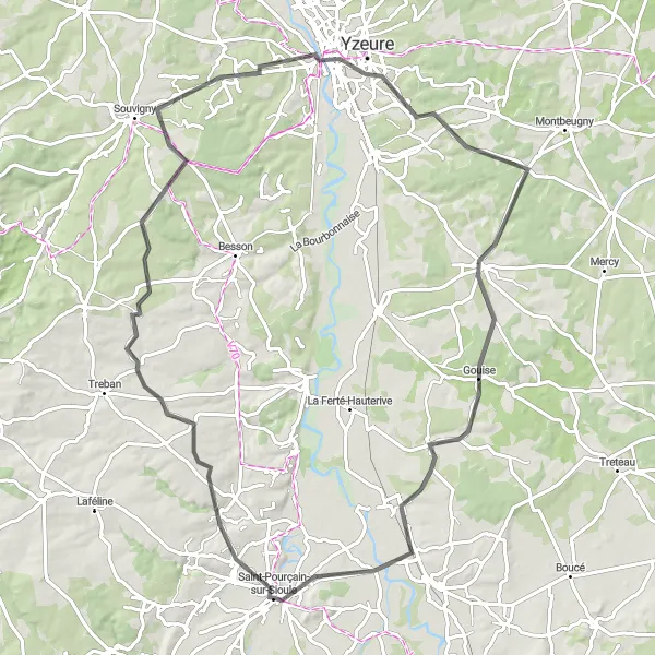 Miniature de la carte de l'inspiration cycliste "Boucle des Châteaux et des Jardins" dans la Auvergne, France. Générée par le planificateur d'itinéraire cycliste Tarmacs.app
