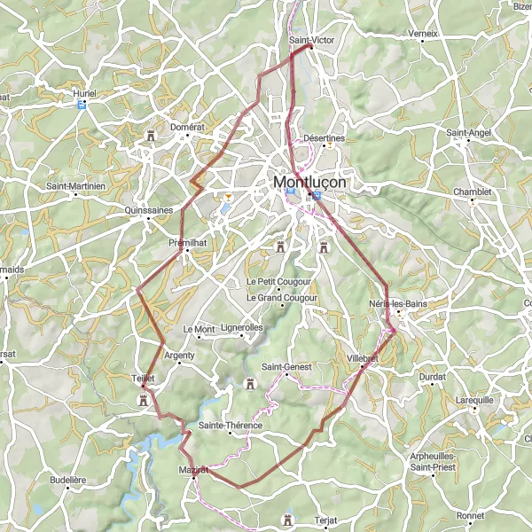 Miniature de la carte de l'inspiration cycliste "Parcours de Montluçon à Prémilhat" dans la Auvergne, France. Générée par le planificateur d'itinéraire cycliste Tarmacs.app