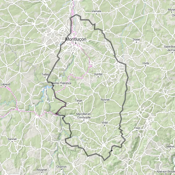 Miniature de la carte de l'inspiration cycliste "Boucle des Vignobles et des Châteaux" dans la Auvergne, France. Générée par le planificateur d'itinéraire cycliste Tarmacs.app