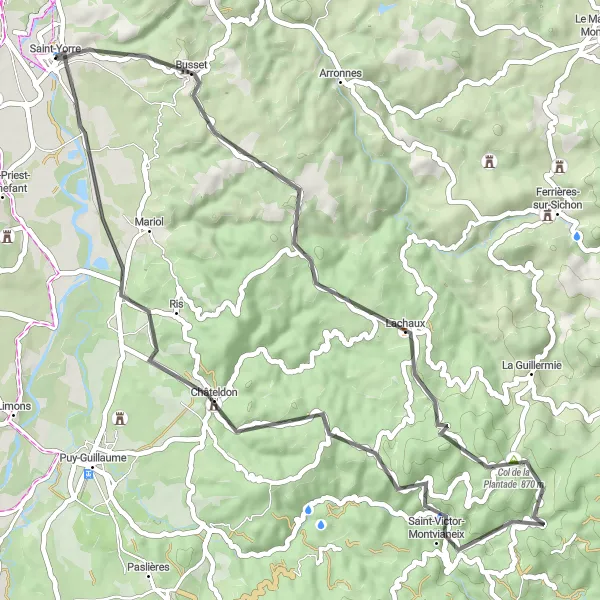 Map miniature of "Saint-Yorre to Water Kiosk via Col de la Plantade Road Loop" cycling inspiration in Auvergne, France. Generated by Tarmacs.app cycling route planner