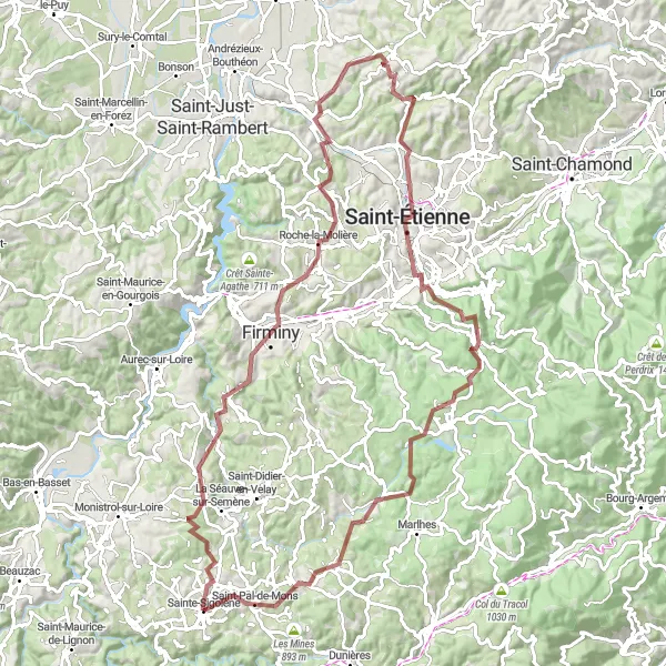 Map miniature of "Gravel adventure from Sainte-Sigolène" cycling inspiration in Auvergne, France. Generated by Tarmacs.app cycling route planner